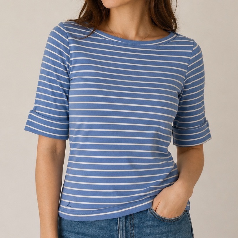 Lauren Ralph Lauren Women's Striped Boat Neck Top Large Cotton Stretch Blue